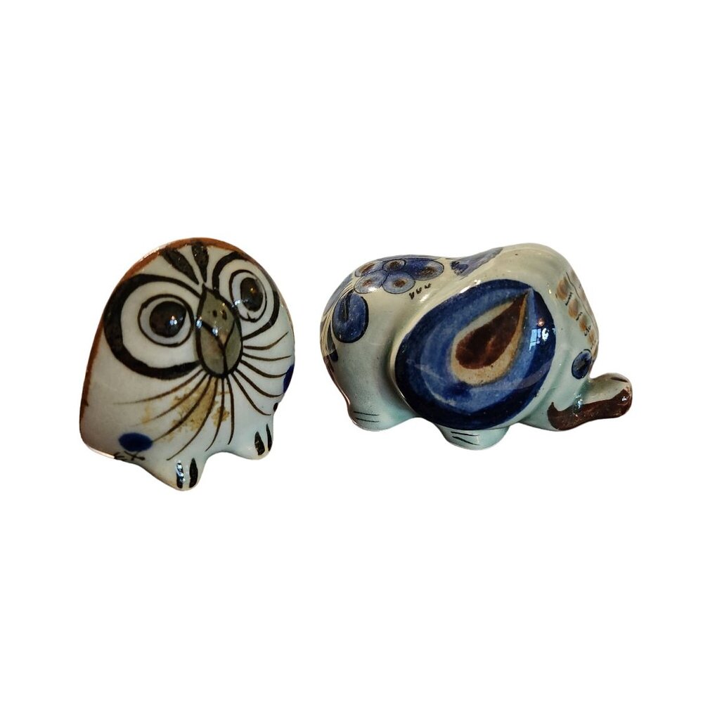 Hand-Painted Vintage Mexican Tonala Pottery Owl & Elephant Figurines